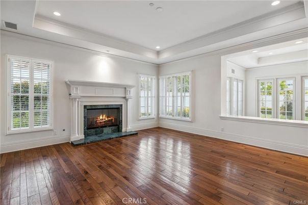 Empty room, Fireplace, Interior, Recessed Lighting, Wood Texture Flooring