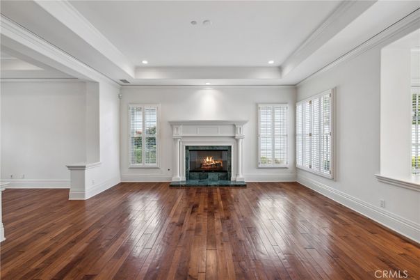 Empty room, Fireplace, Interior, Recessed Lighting, Wood Texture Flooring