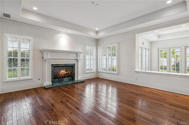 Empty room, Fireplace, Interior, Recessed Lighting, Wood Texture Flooring