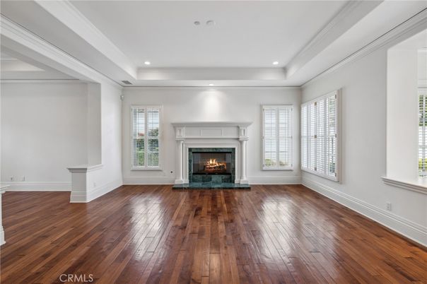 Empty room, Fireplace, Interior, Recessed Lighting, Wood Texture Flooring