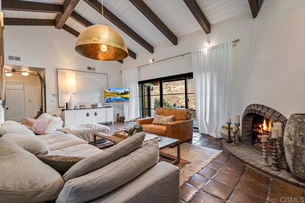 Fireplace, Interior, Living room, Pendant Lights, Wooden Beams