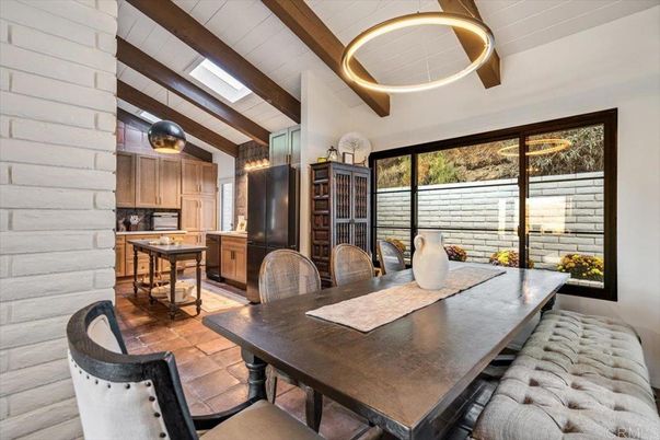 Dining room, Interior, Kitchen, Pendant Lights, Stone Walls, Wooden Beams