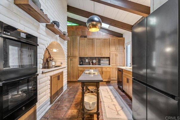 Interior, Kitchen, Pendant Lights, Stone Walls, Wooden Beams