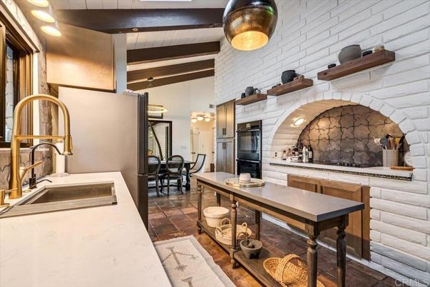Dining room, Interior, Kitchen, Recessed Lighting, Stone Walls, Wooden Beams