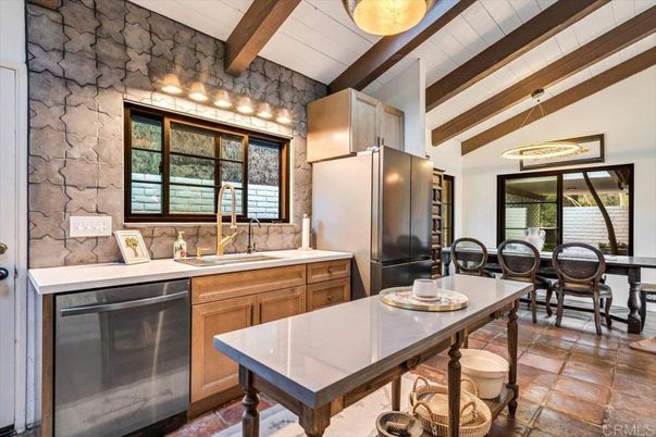 Dining room, Interior, Kitchen, Pendant Lights, Stainless Steel Appliances, Stone Walls, Wooden Beams