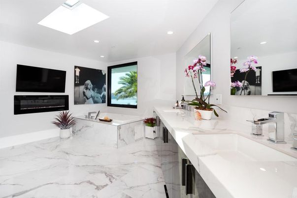 Bathroom, Dual Sink Vanities, Interior, Marble, Recessed Lighting