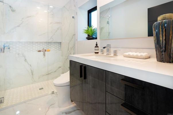 Bathroom, Glass Shower, Interior, Marble, Marble Walls, Recessed Lighting
