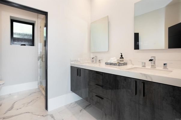 Bathroom, Dual Sink Vanities, Glass Shower, Interior, Marble