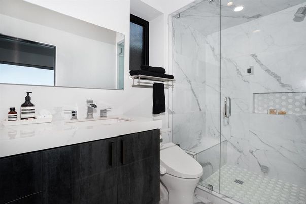 Bathroom, Glass Shower, Interior, Marble Walls, Recessed Lighting