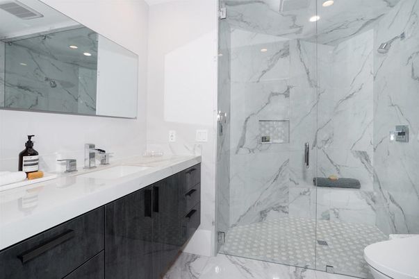 Bathroom, Glass Shower, Interior, Marble, Marble Walls, Recessed Lighting