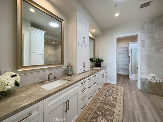 Bathroom, Dual Sink Vanities, Interior, Recessed Lighting, Wood Texture Flooring