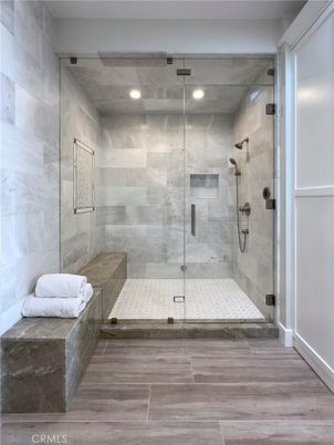 Bathroom, Glass Shower, Interior, Recessed Lighting, Wood Texture Flooring