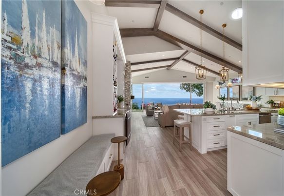 Dining room, Interior, Kitchen, Pendant Lights, Recessed Lighting, Water, Wooden Beams, Wood Texture Flooring