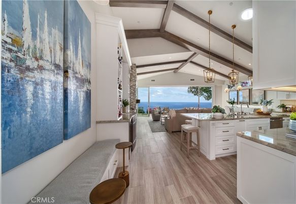 Dining room, Interior, Kitchen, Pendant Lights, Recessed Lighting, Water, Wooden Beams, Wood Texture Flooring