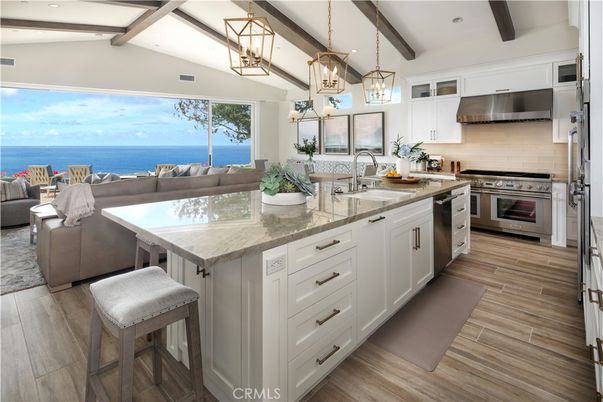 Interior, Kitchen, Pendant Lights, Recessed Lighting, Stainless Steel Appliances, Water, Wooden Beams, Wood Texture Flooring