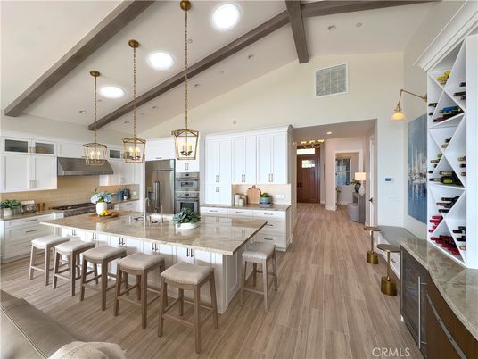 Interior, Kitchen, Pendant Lights, Recessed Lighting, Stainless Steel Appliances, Wooden Beams, Wood Texture Flooring