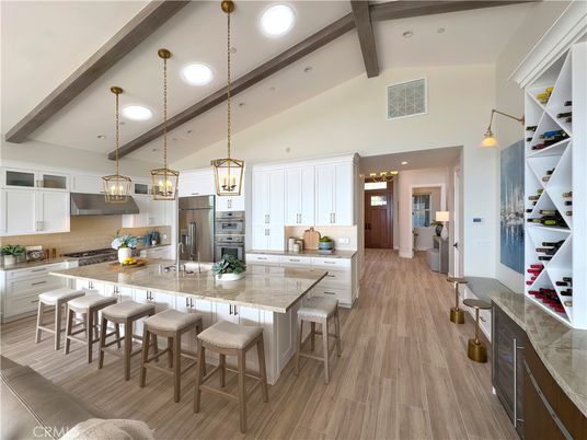Interior, Kitchen, Pendant Lights, Recessed Lighting, Stainless Steel Appliances, Wooden Beams, Wood Texture Flooring