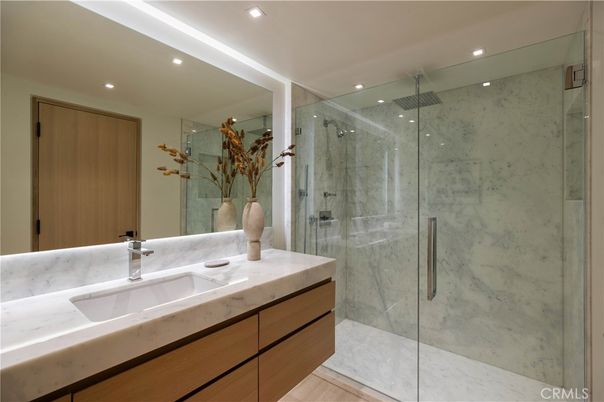 Bathroom, Glass Shower, Interior, Marble Walls, Recessed Lighting