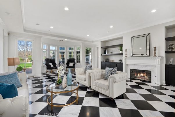 Fireplace, Interior, Living room, Marble, Recessed Lighting