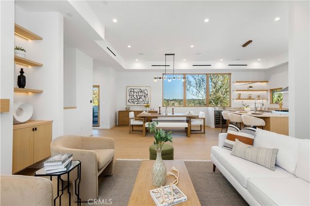 Dining room, Interior, Living room, Pendant Lights, Recessed Lighting, Wood Texture Flooring