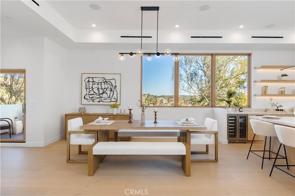 Dining room, Interior, Pendant Lights, Recessed Lighting, Wood Texture Flooring