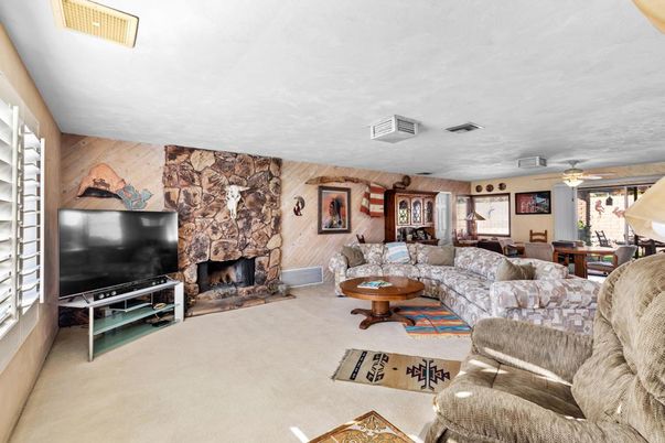 Dining room, Fireplace, Interior, Living room, Stone Walls, Wooden Walls