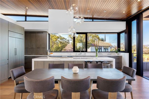 Dining room, Interior, Kitchen, Pendant Lights, Recessed Lighting, Wooden Ceilings, Wood Texture Flooring