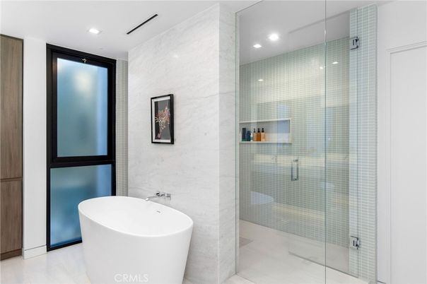 Bathroom, Free Standing Baths, Glass Shower, Interior, Marble Walls, Recessed Lighting