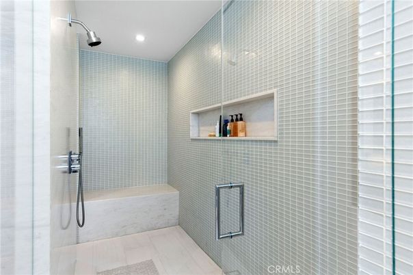 Bathroom, Glass Shower, Interior, Recessed Lighting, Wood Texture Flooring