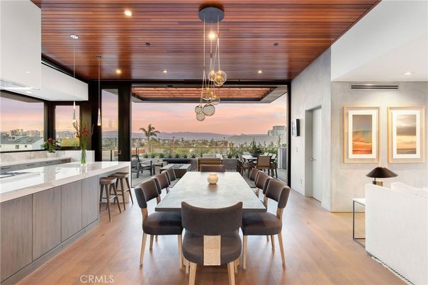 Dining room, Interior, Pendant Lights, Recessed Lighting, Wooden Ceilings, Wood Texture Flooring