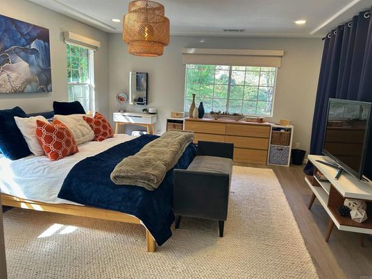 Bedroom, Interior, Pendant Lights, Recessed Lighting, Wood Texture Flooring