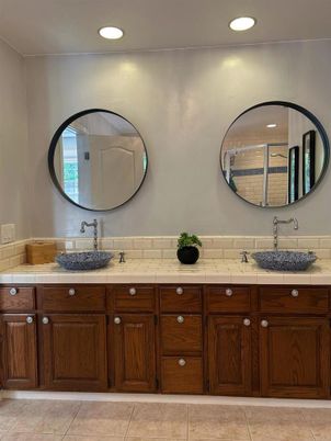 Bathroom, Dual Sink Vanities, Interior, Recessed Lighting, Tile Countertops