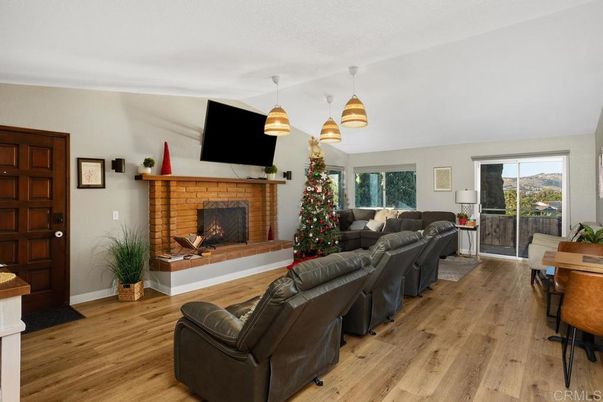 Fireplace, Interior, Living room, Pendant Lights, Wood Texture Flooring