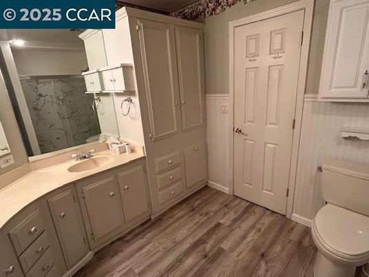 Bathroom, Interior, Marble Walls, Recessed Lighting, Wood Texture Flooring
