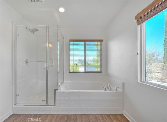 Bathroom, Glass Shower, Interior, Recessed Lighting, Wood Texture Flooring