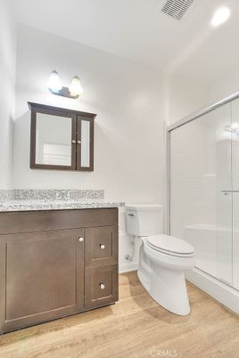 Bathroom, Glass Shower, Interior, Recessed Lighting, Wood Texture Flooring