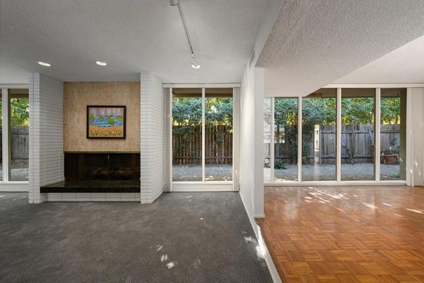 Empty room, Fireplace, Interior, Recessed Lighting, Wood Texture Flooring