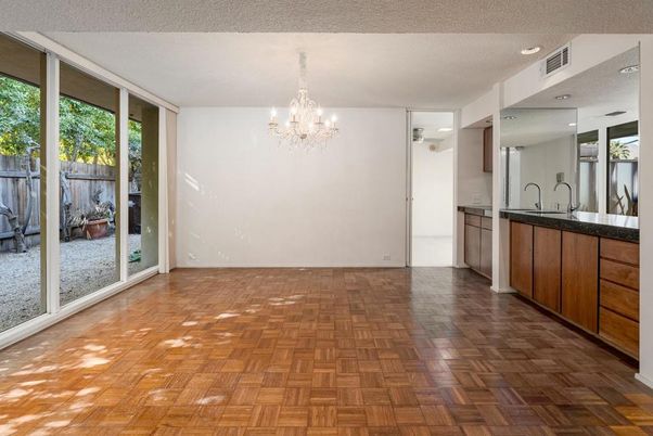 Chandelier, Empty room, Interior, Recessed Lighting, Wood Texture Flooring