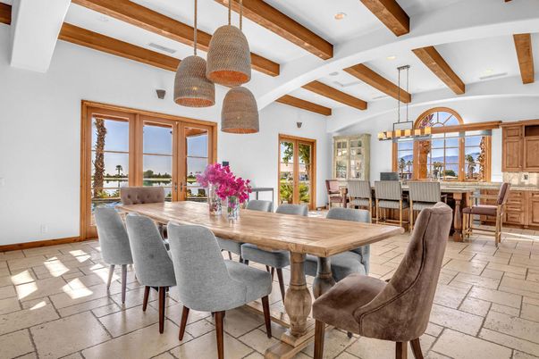 Dining room, Interior, Pendant Lights, Recessed Lighting, Wooden Beams