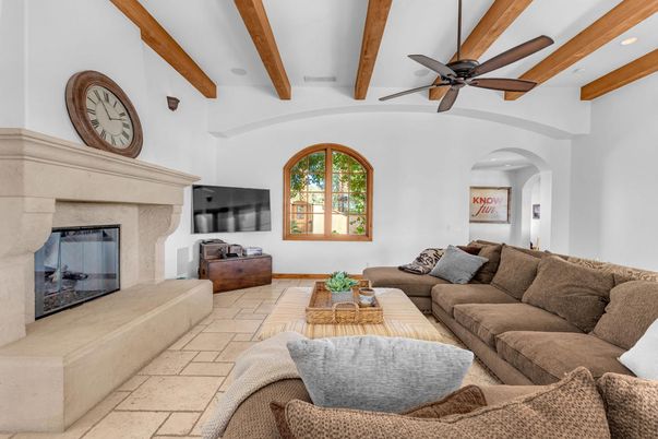 Fireplace, Interior, Living room, Recessed Lighting, Wooden Beams