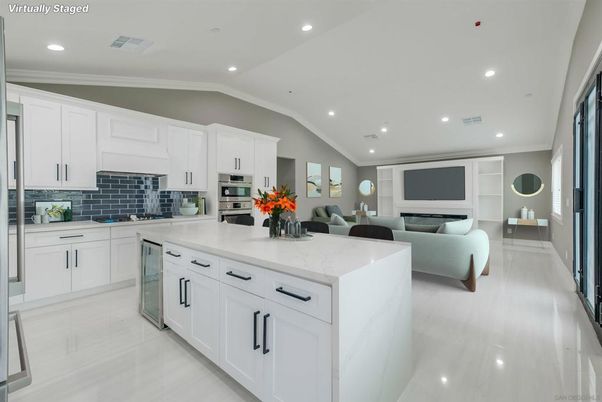 Fireplace, Interior, Kitchen, Living room, Recessed Lighting, Stainless Steel Appliances