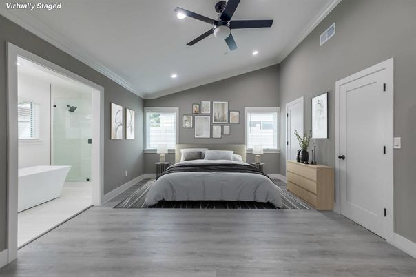 Bathroom, Bedroom, Glass Shower, Interior, Recessed Lighting, Wood Texture Flooring