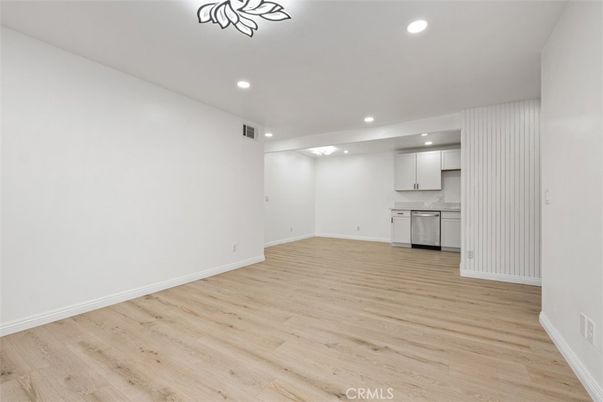 Empty room, Interior, Kitchen, Recessed Lighting, Wood Texture Flooring