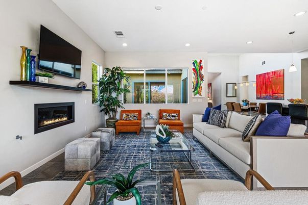 Dining room, Fireplace, Interior, Living room, Pendant Lights, Recessed Lighting