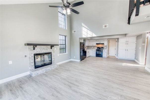 Empty room, Fireplace, Interior, Kitchen, Wood Texture Flooring