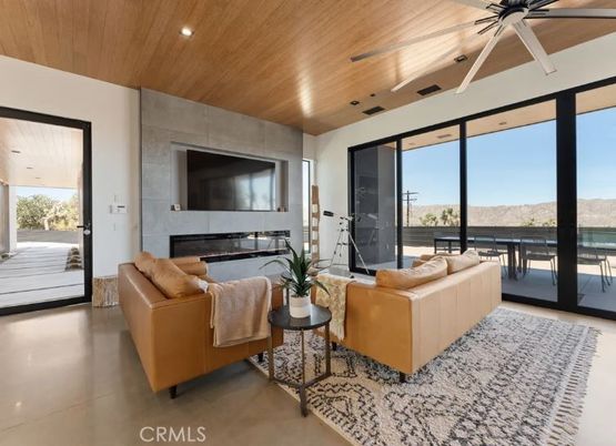 Fireplace, Interior, Living room, Recessed Lighting, Wooden Ceilings