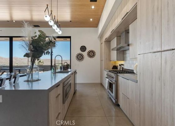 Interior, Kitchen, Pendant Lights, Recessed Lighting, Stainless Steel Appliances, Wooden Ceilings