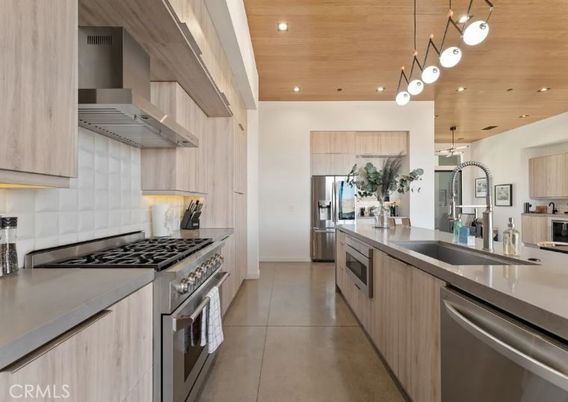 Interior, Kitchen, Pendant Lights, Recessed Lighting, Stainless Steel Appliances, Wooden Ceilings