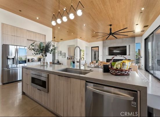 Interior, Kitchen, Pendant Lights, Recessed Lighting, Stainless Steel Appliances, Wooden Ceilings