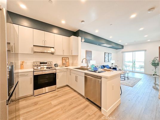 Interior, Kitchen, Pendant Lights, Recessed Lighting, Stainless Steel Appliances, Wood Texture Flooring